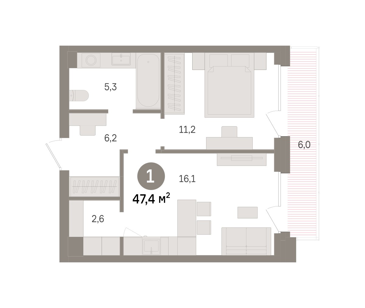 Планировка: 1-комнатная, 47.4 м²
