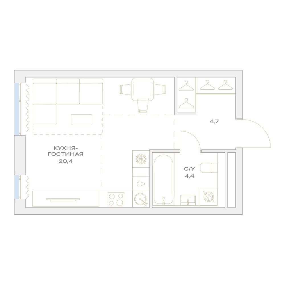 Планировка: Студия, 29.5 м²