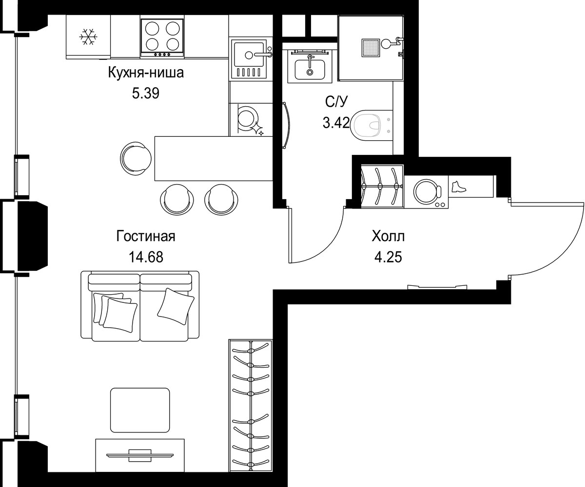 Планировка: 1-комнатная, 27.74 м²