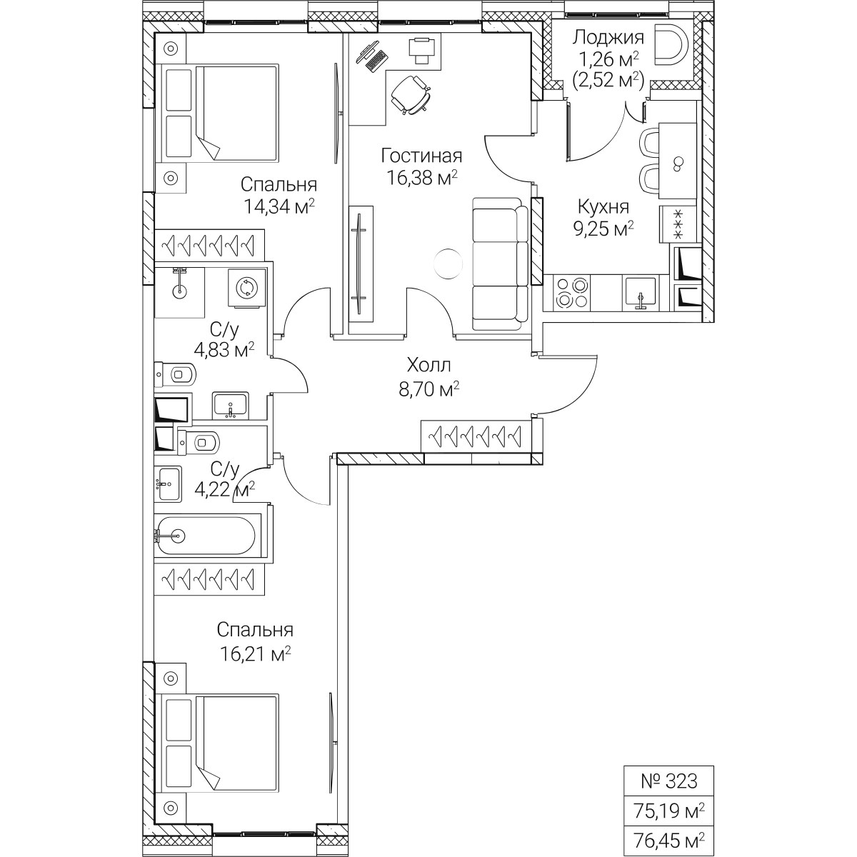 Планировка 75.19 м²