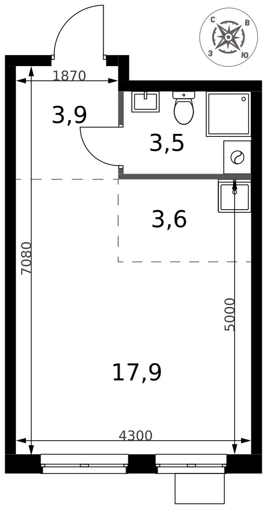 Планировка: Студия, 28.9 м²