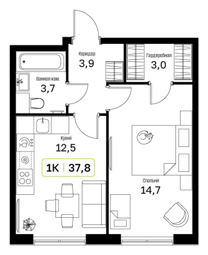 Планировка 37.8 м²