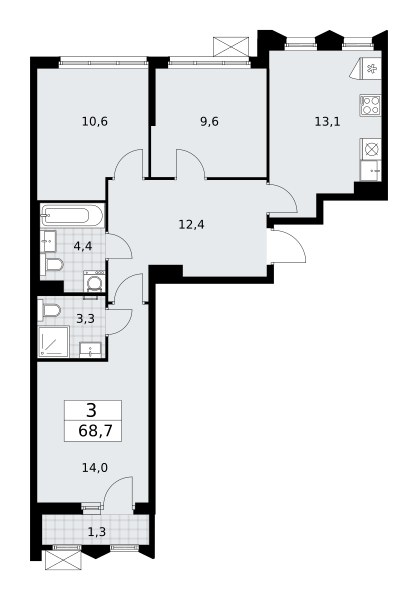 Планировка: 3-комнатная, 68.7 м²