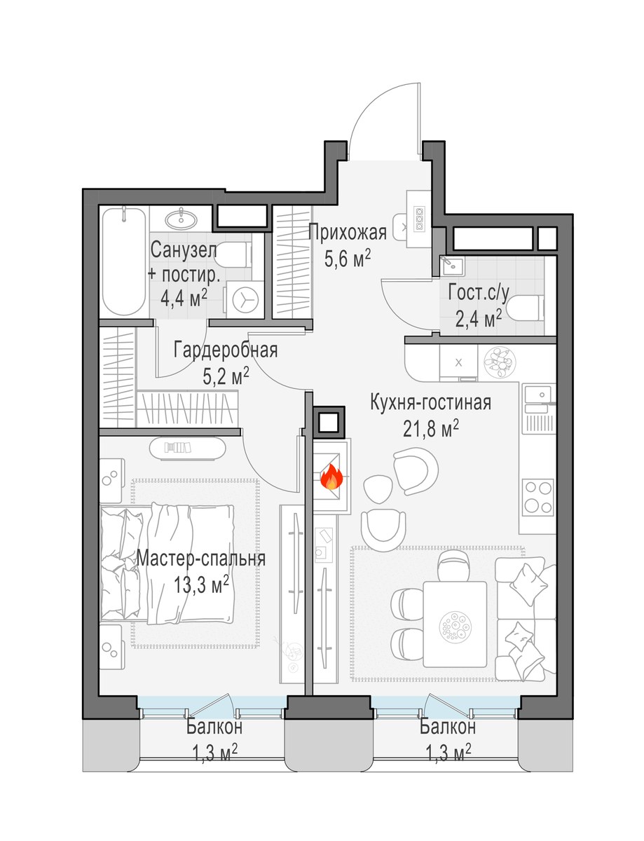 Планировка 53.7 м²
