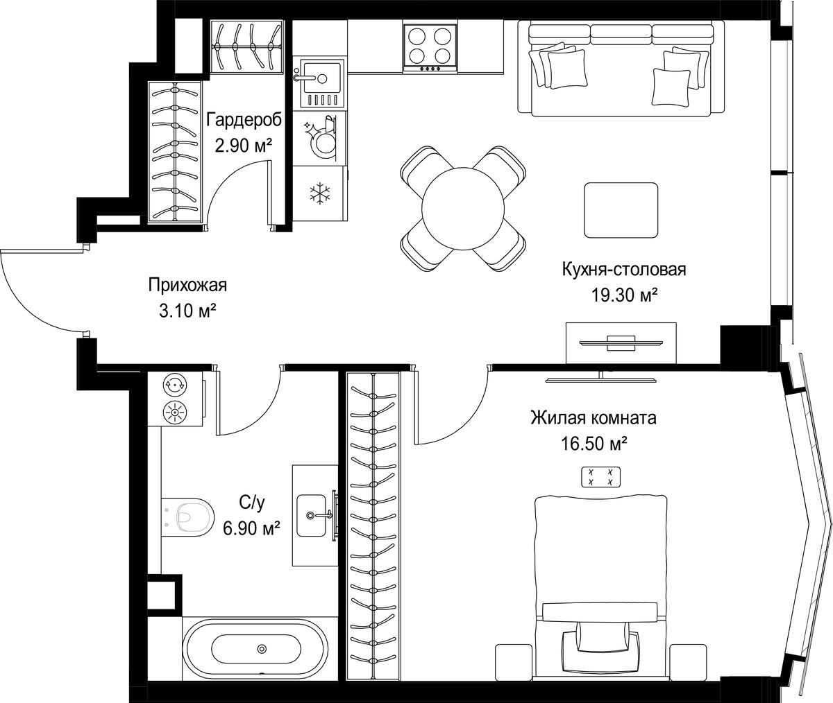 Планировка: 1-комнатная, 48.7 м²