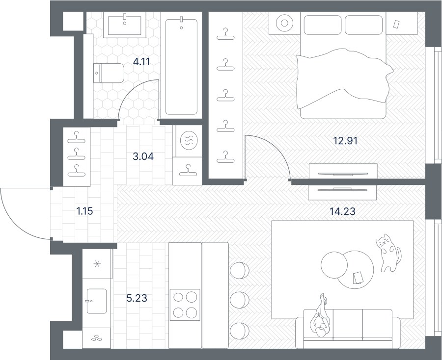 Планировка: 1-комнатная, 40.67 м²