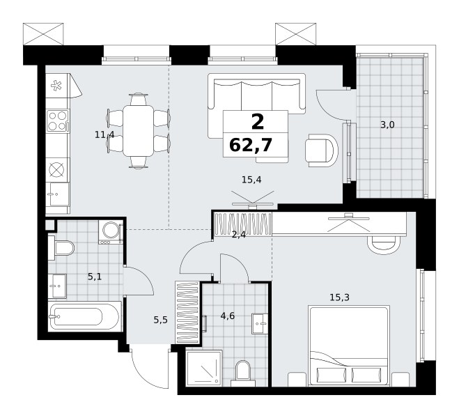 Планировка: 2-комнатная, 62.7 м²