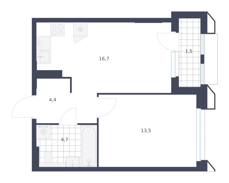 Планировка: 1-комнатная, 40.8 м²