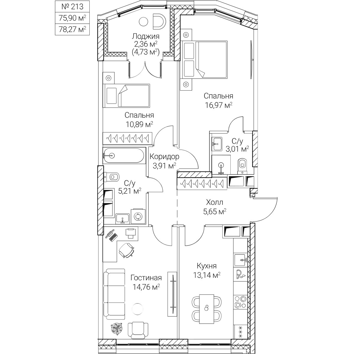 Планировка 75.9 м²
