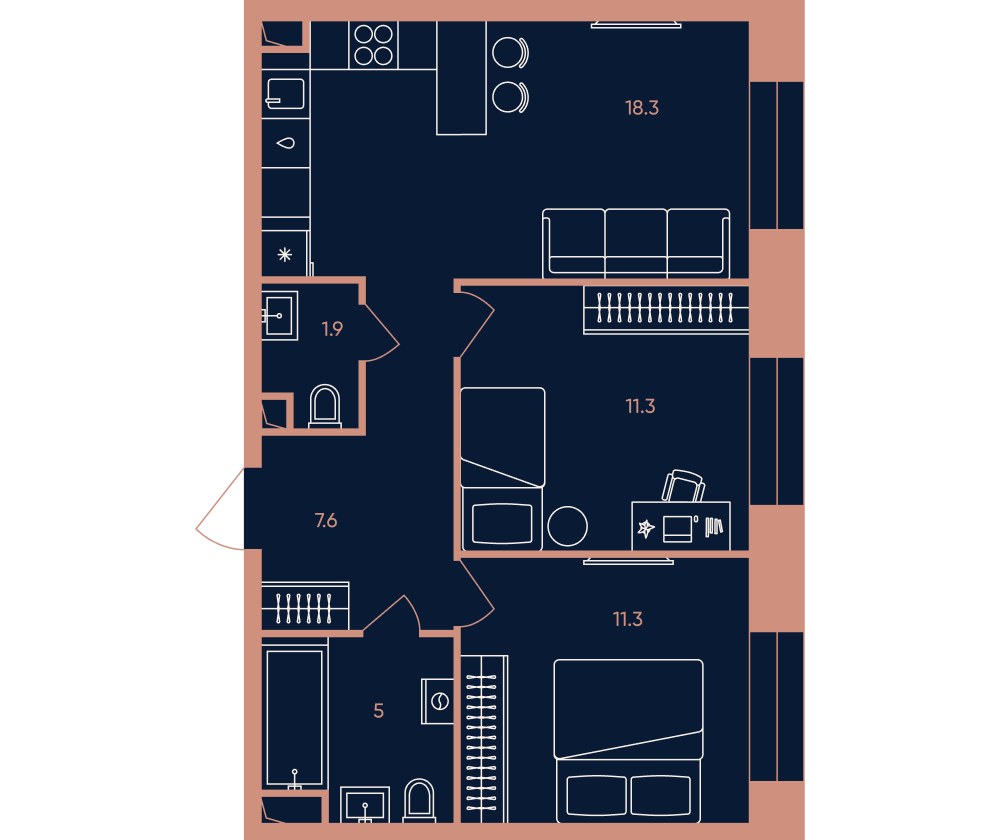 Планировка 55.6 м²