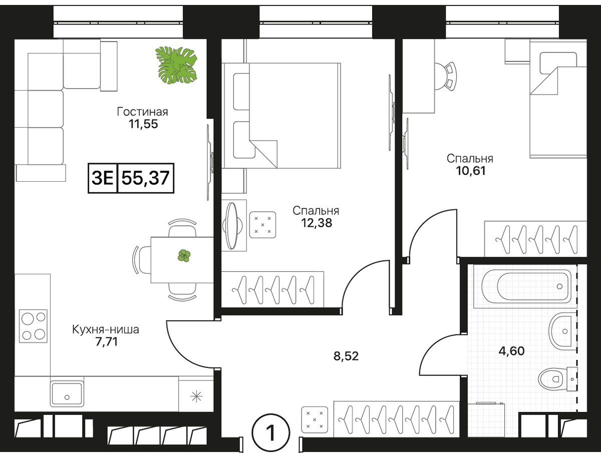 Планировка 55.37 м²