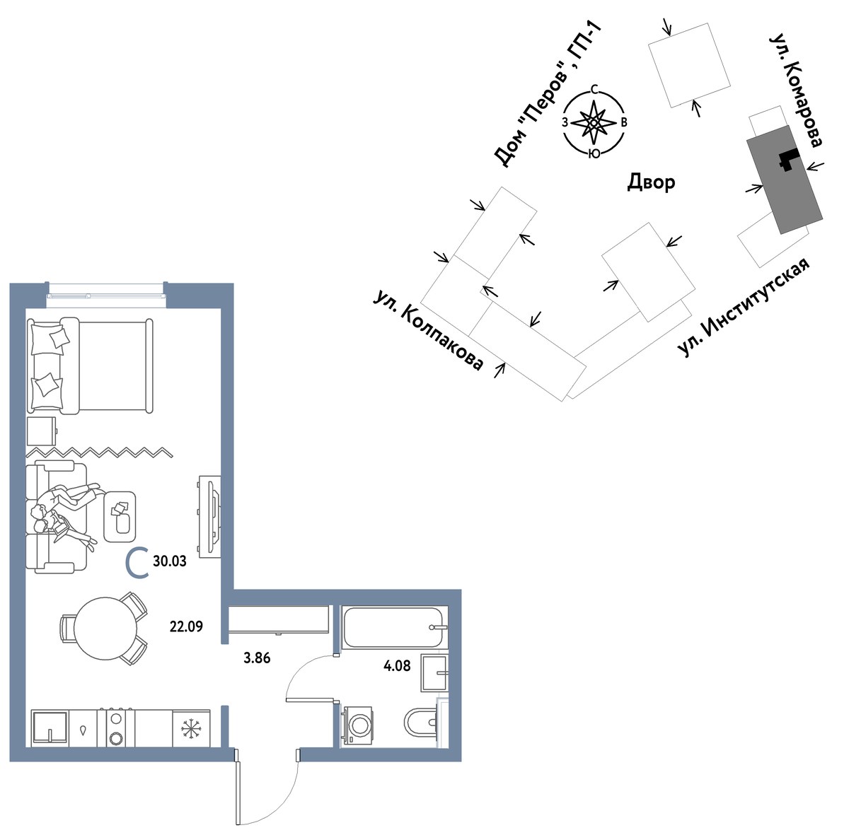 Планировка: 1-комнатная, 30.03 м²