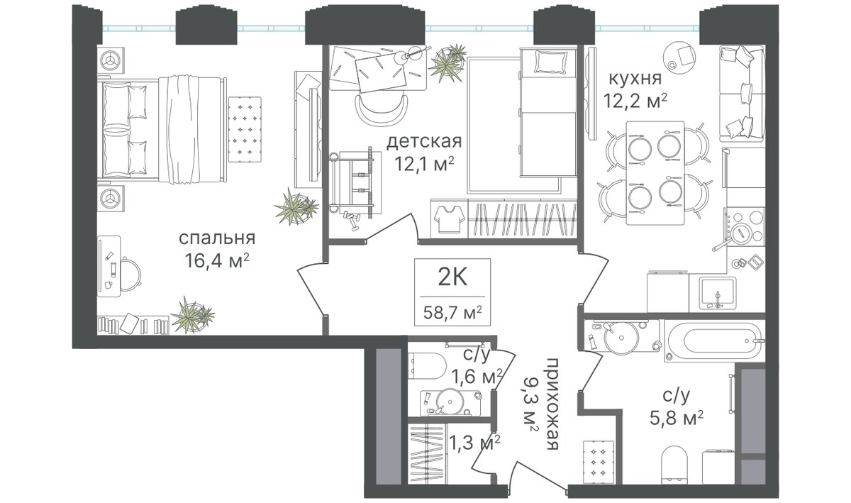 Планировка 57.4 м²