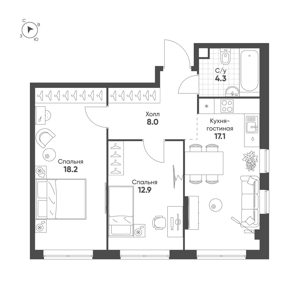 Планировка 60.5 м²