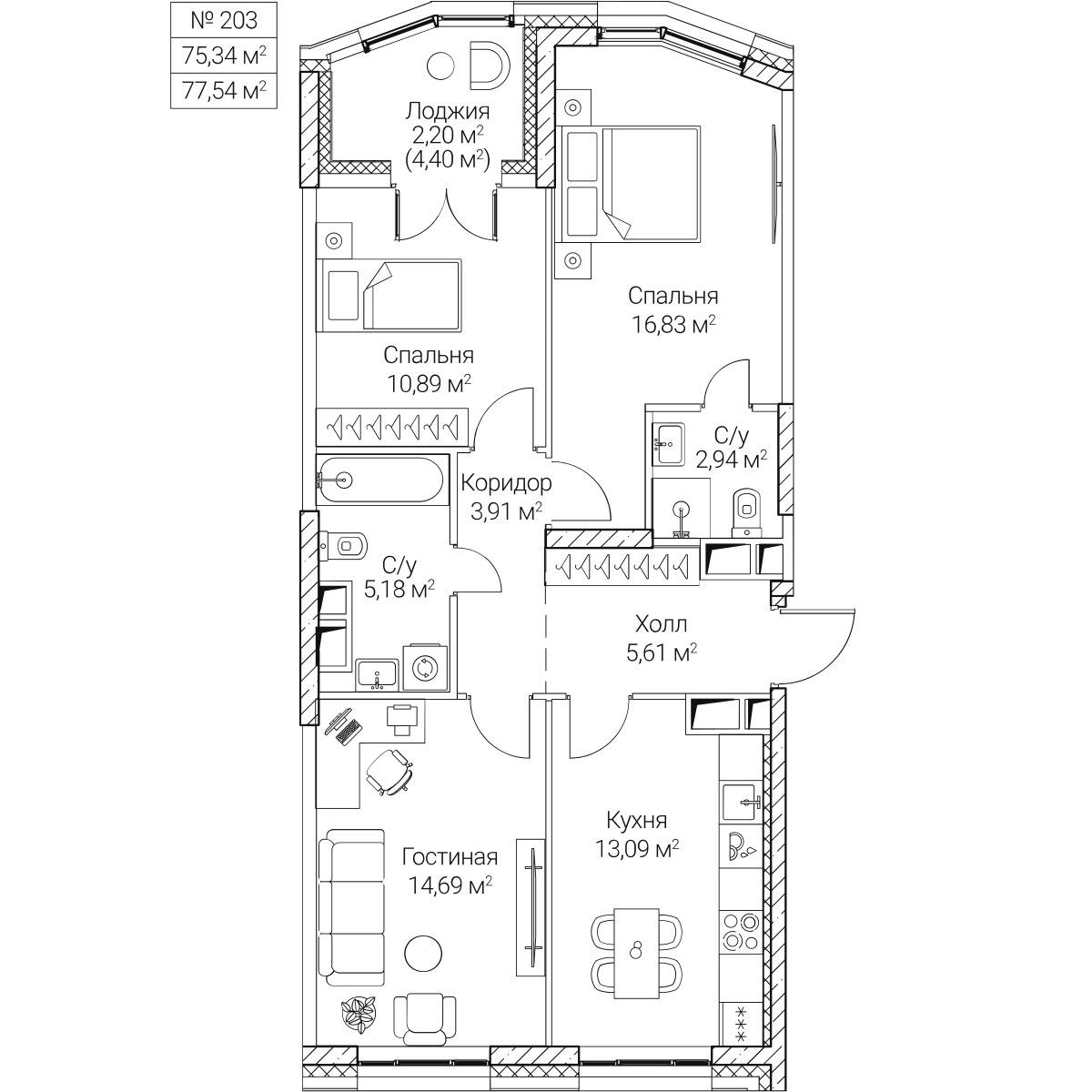 Планировка 75.34 м²