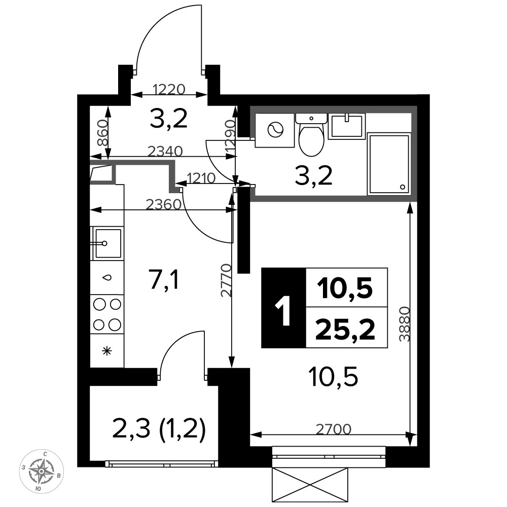 Планировка: Студия, 25.7 м²