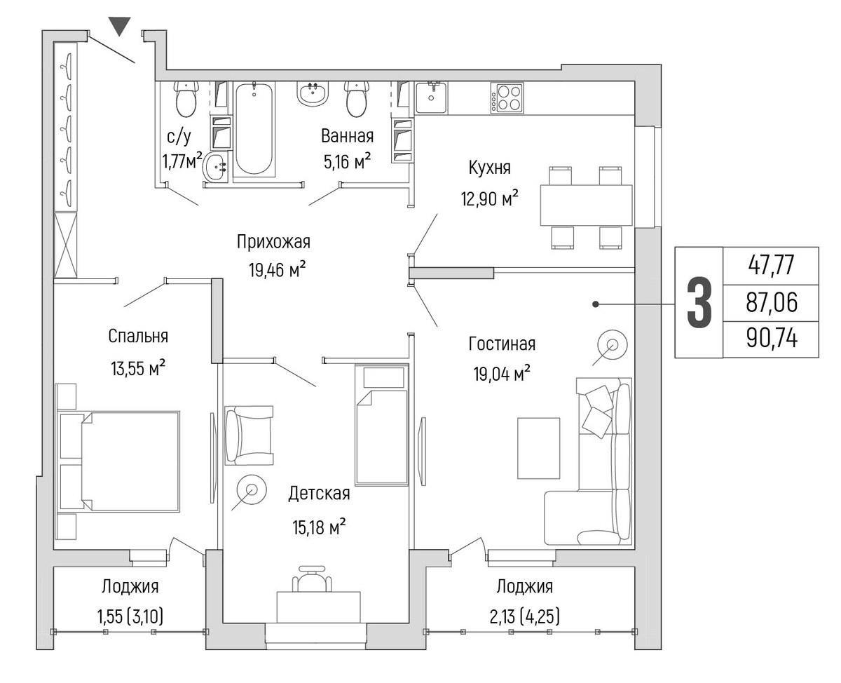 Планировка 90.74 м²