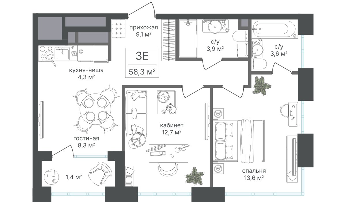Планировка 56.9 м²