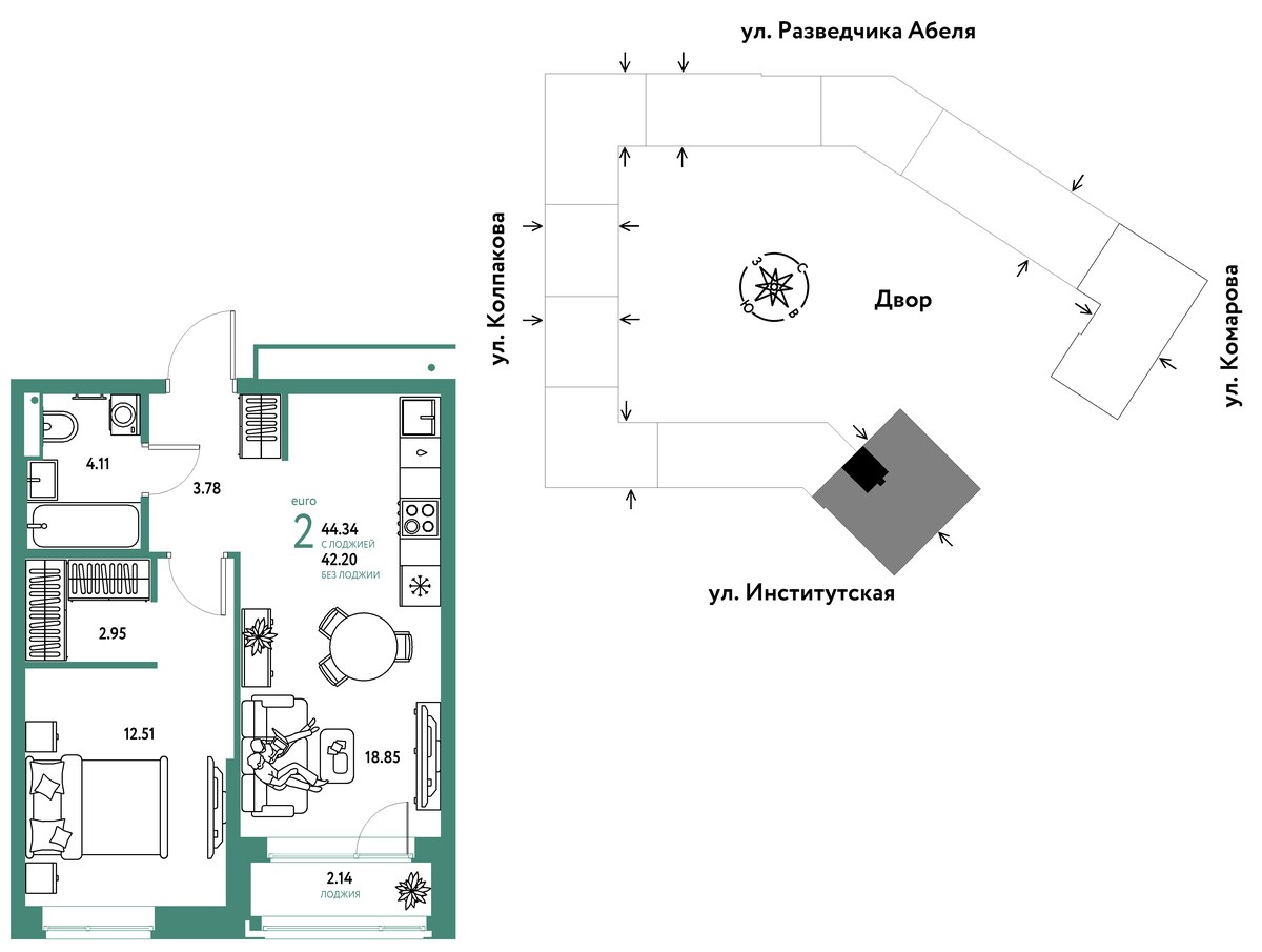 Планировка 44.34 м²