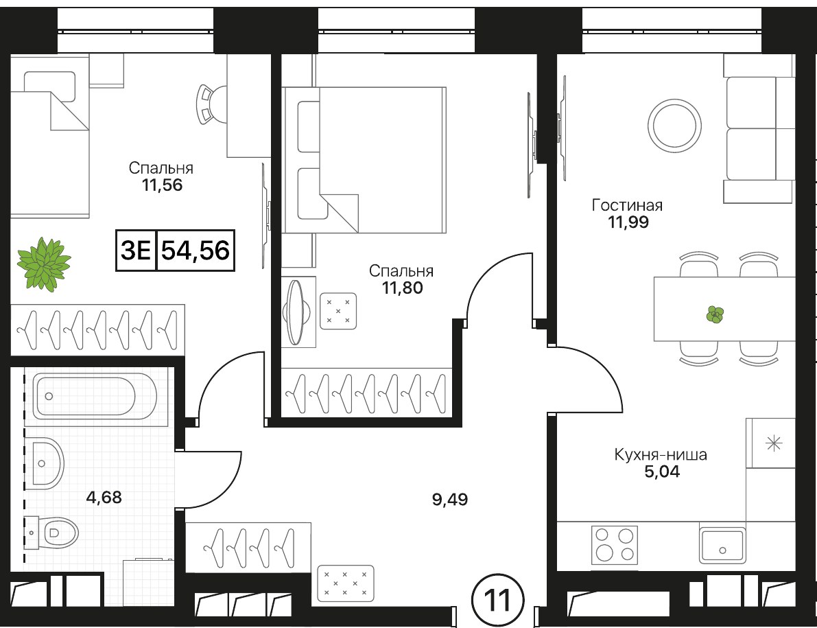 Планировка 54.56 м²