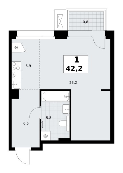 Планировка: Студия, 42.2 м²