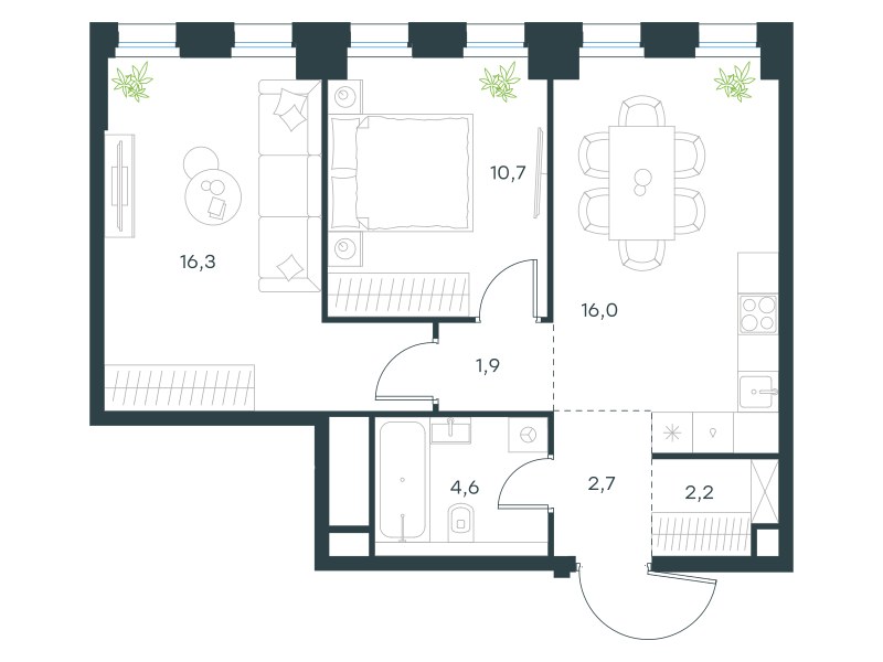 Планировка 54.4 м²