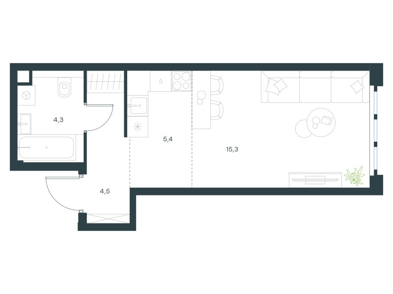 Планировка: Студия, 29.5 м²