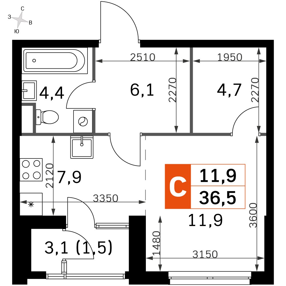 Планировка 34.4 м²