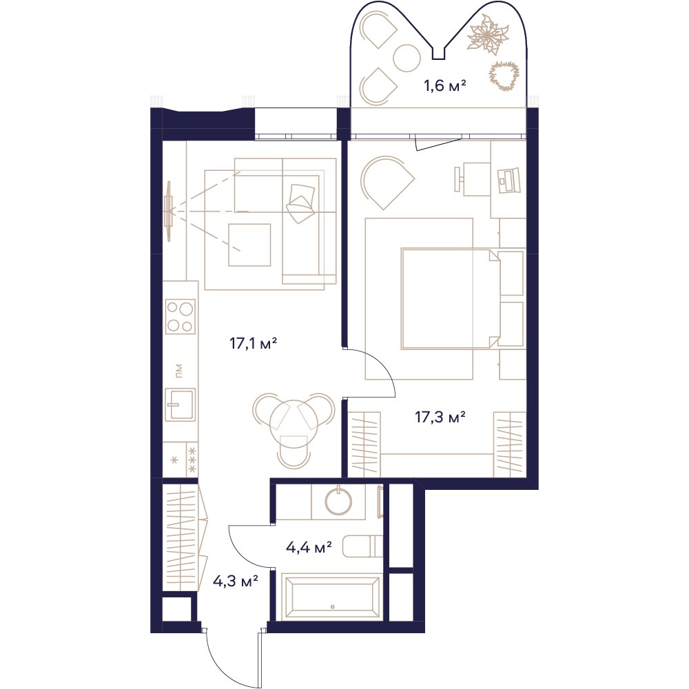 Планировка: 1-комнатная, 45.1 м²