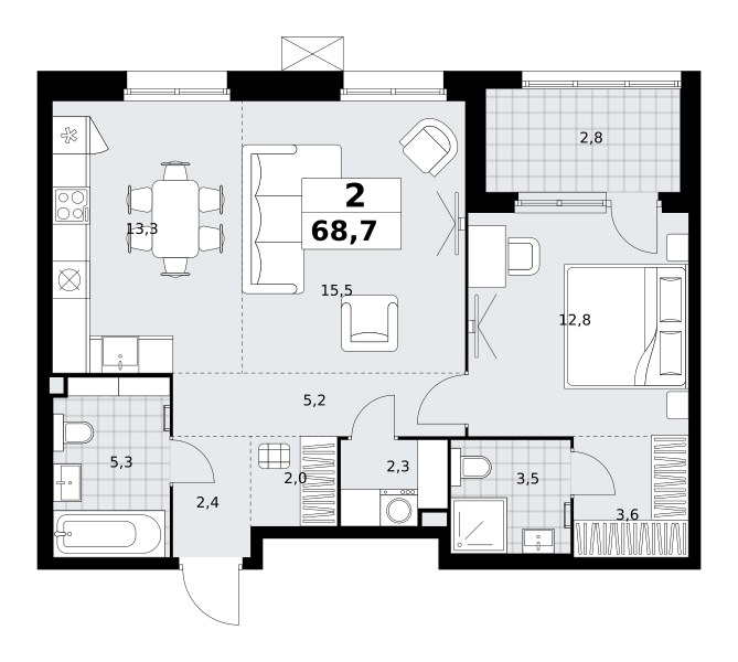 Планировка: 2-комнатная, 68.7 м²