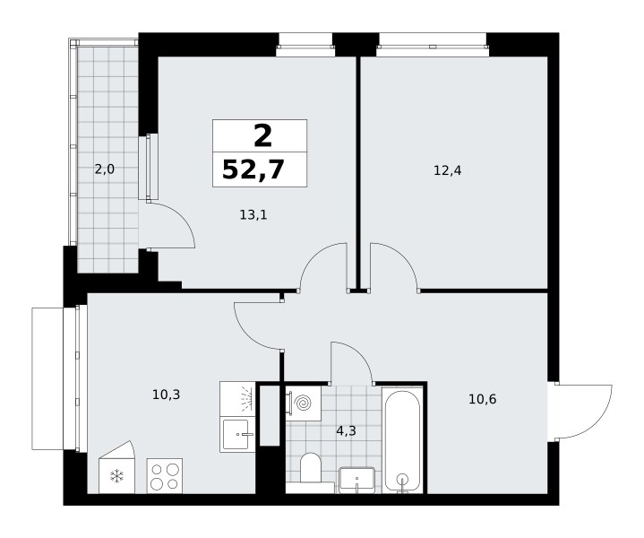 Планировка: 2-комнатная, 52.7 м²