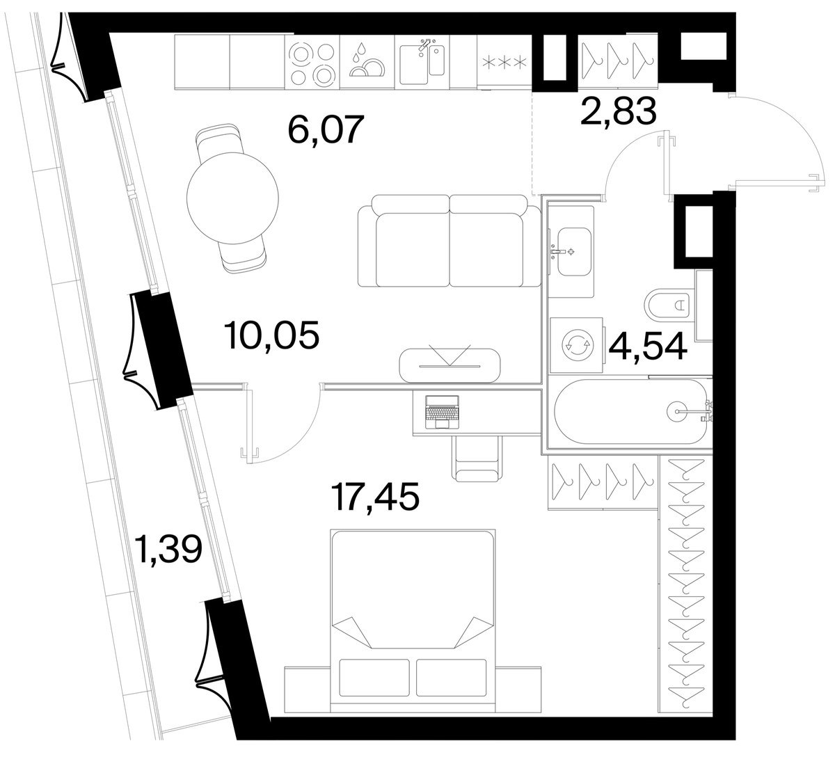 Планировка: 1-комнатная, 42.33 м²