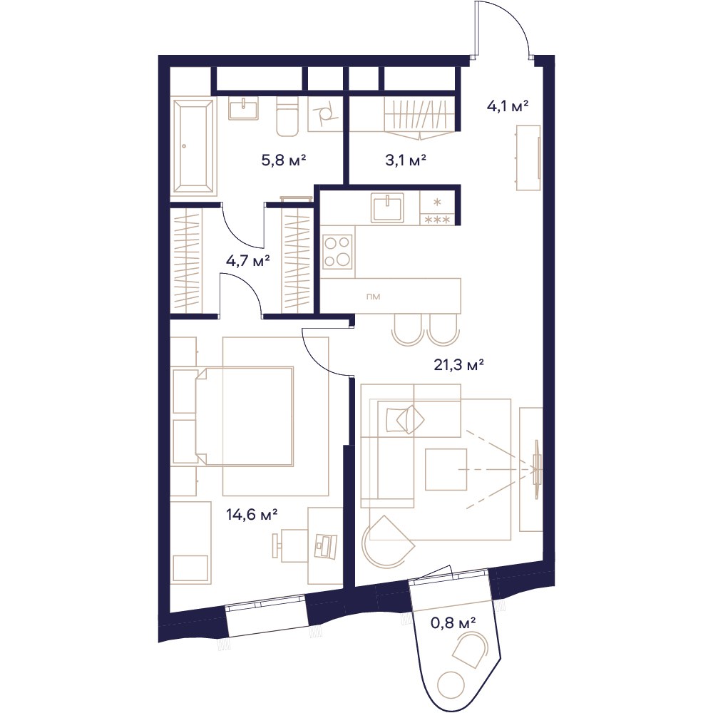 Планировка: 1-комнатная, 54.1 м²