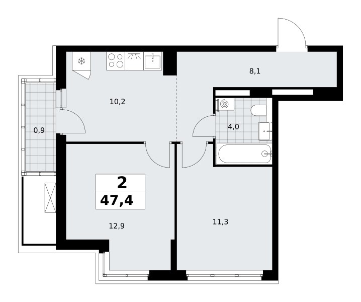 Планировка: 2-комнатная, 47.4 м²