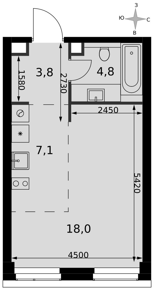 Планировка: Студия, 33.7 м²