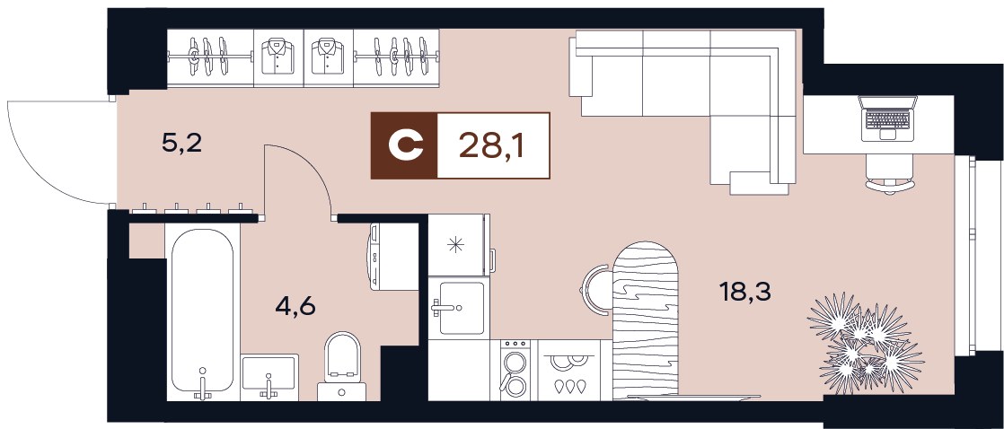 Планировка: Студия, 28.1 м²