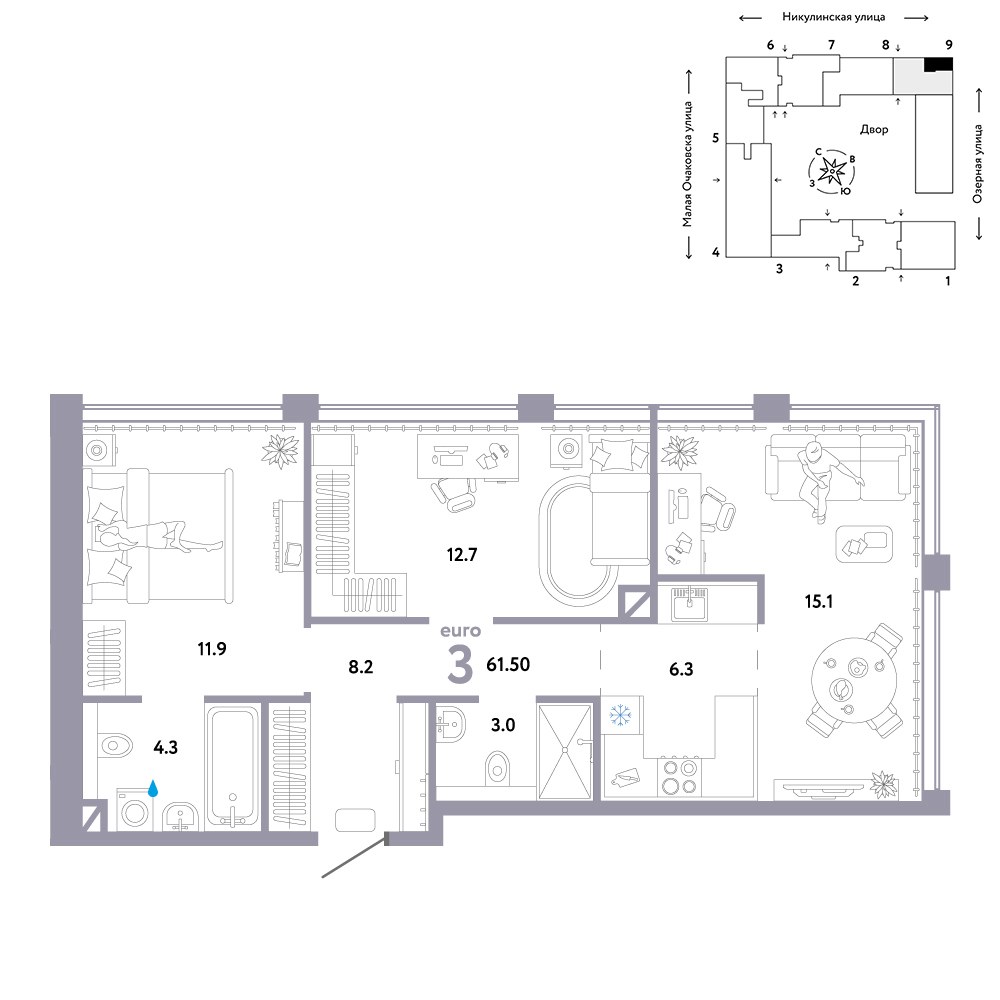 Планировка 61.5 м²
