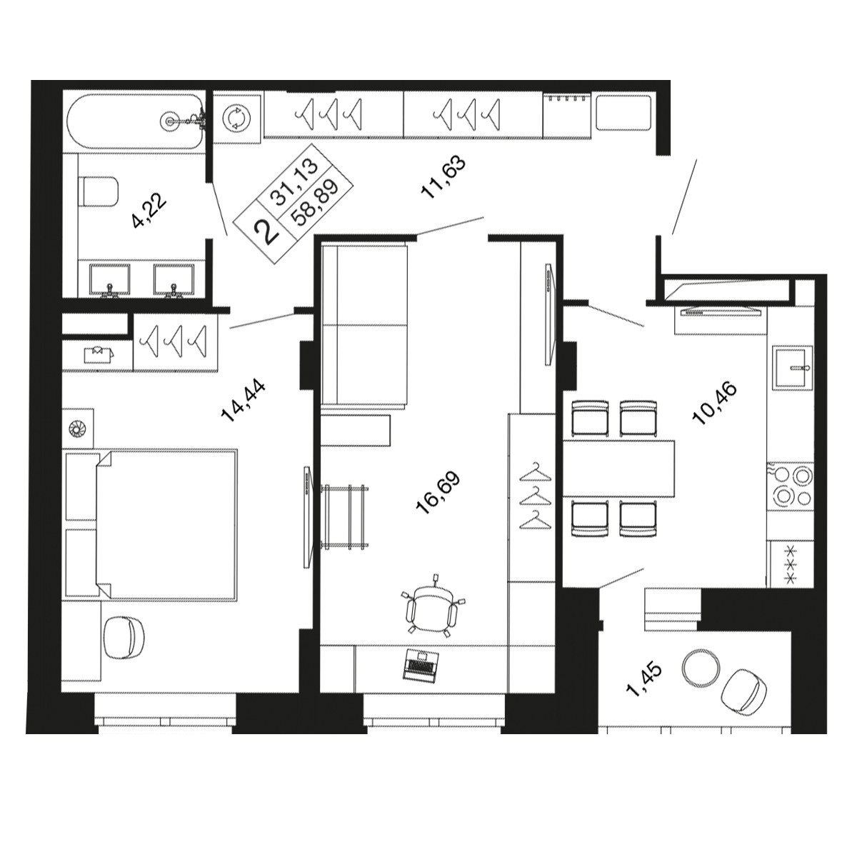 Планировка 57.4 м²