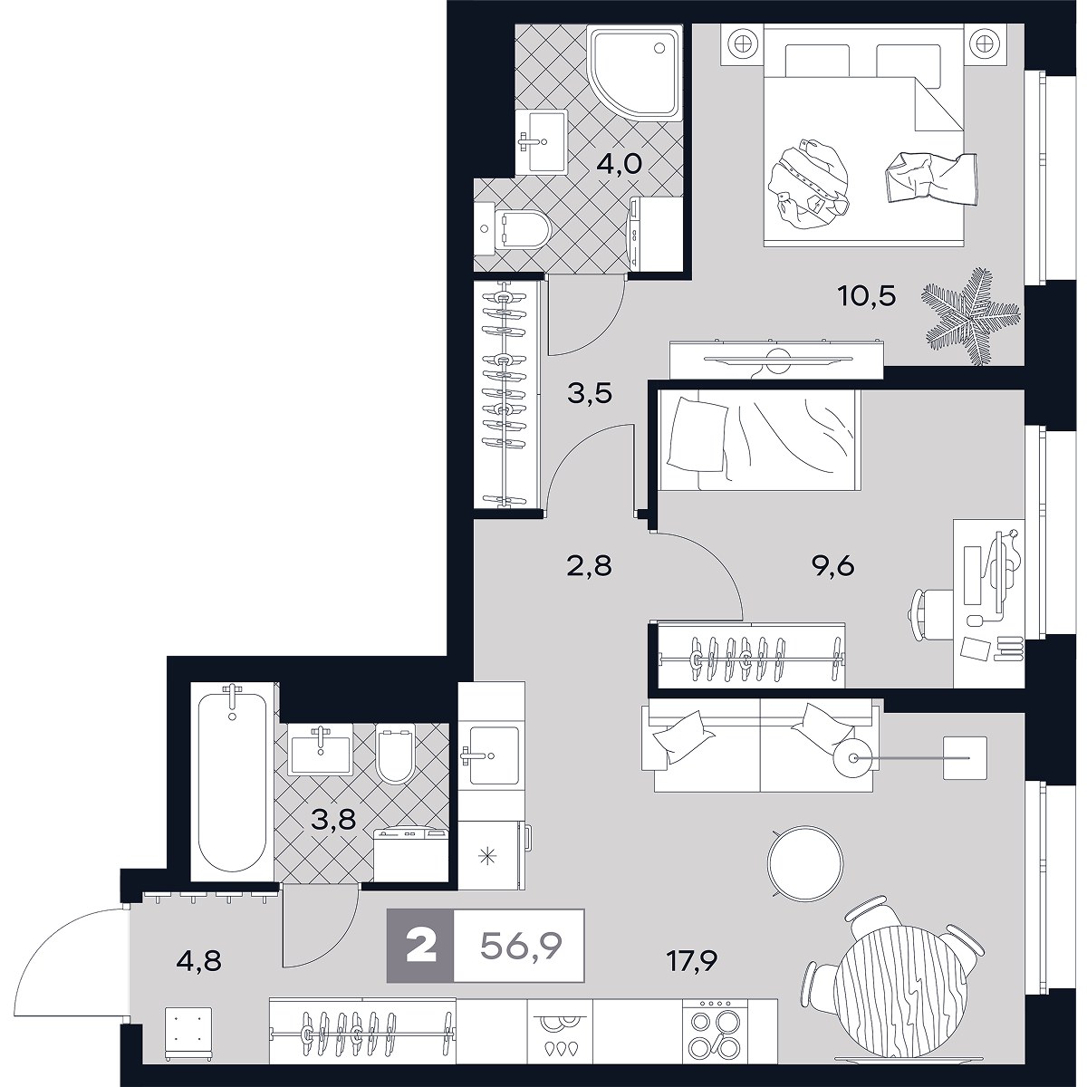 Планировка 56.9 м²