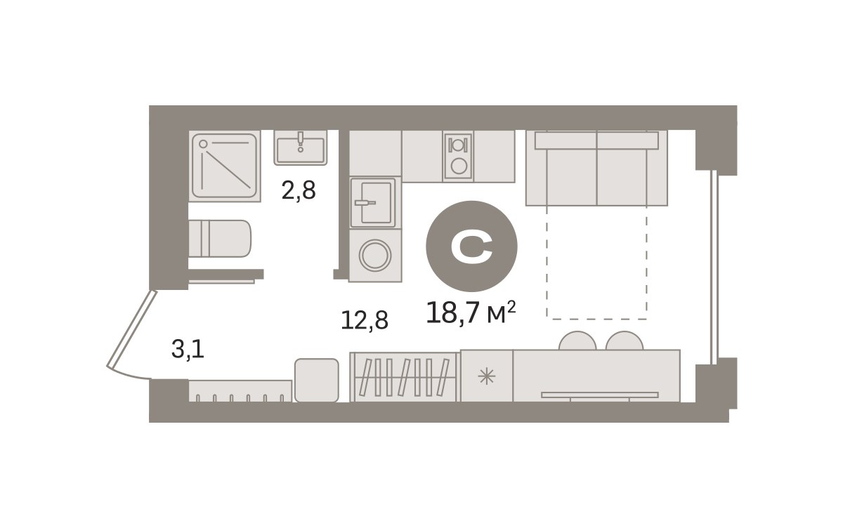 Планировка: Студия, 18.65 м²
