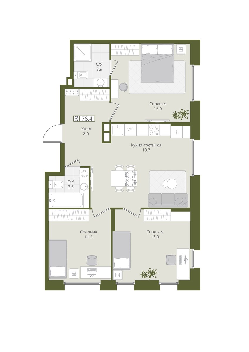Планировка 76.4 м²