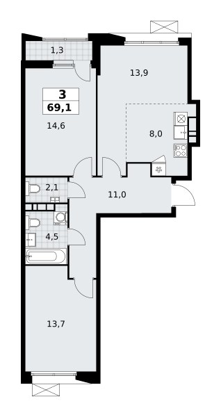 Планировка: 3-комнатная, 69.0 м²