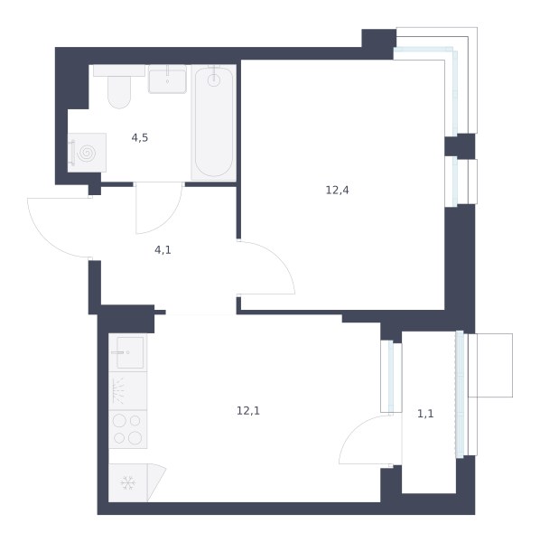 Планировка: 1-комнатная, 34.2 м²