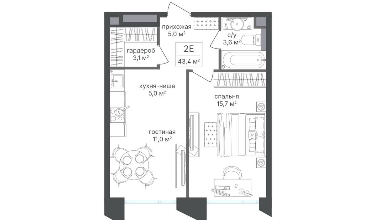 Планировка 42.9 м²