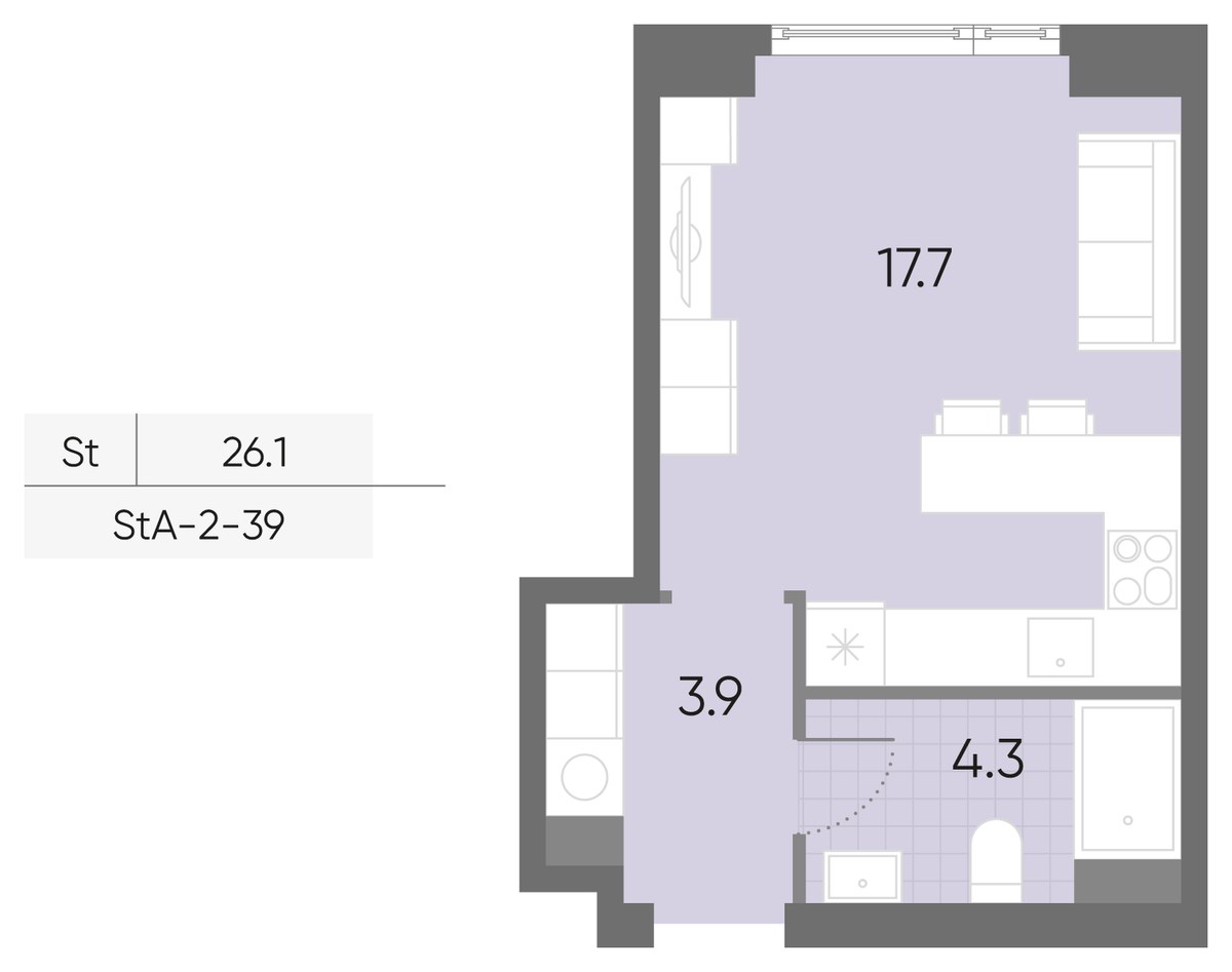 Планировка: Студия, 26.1 м²
