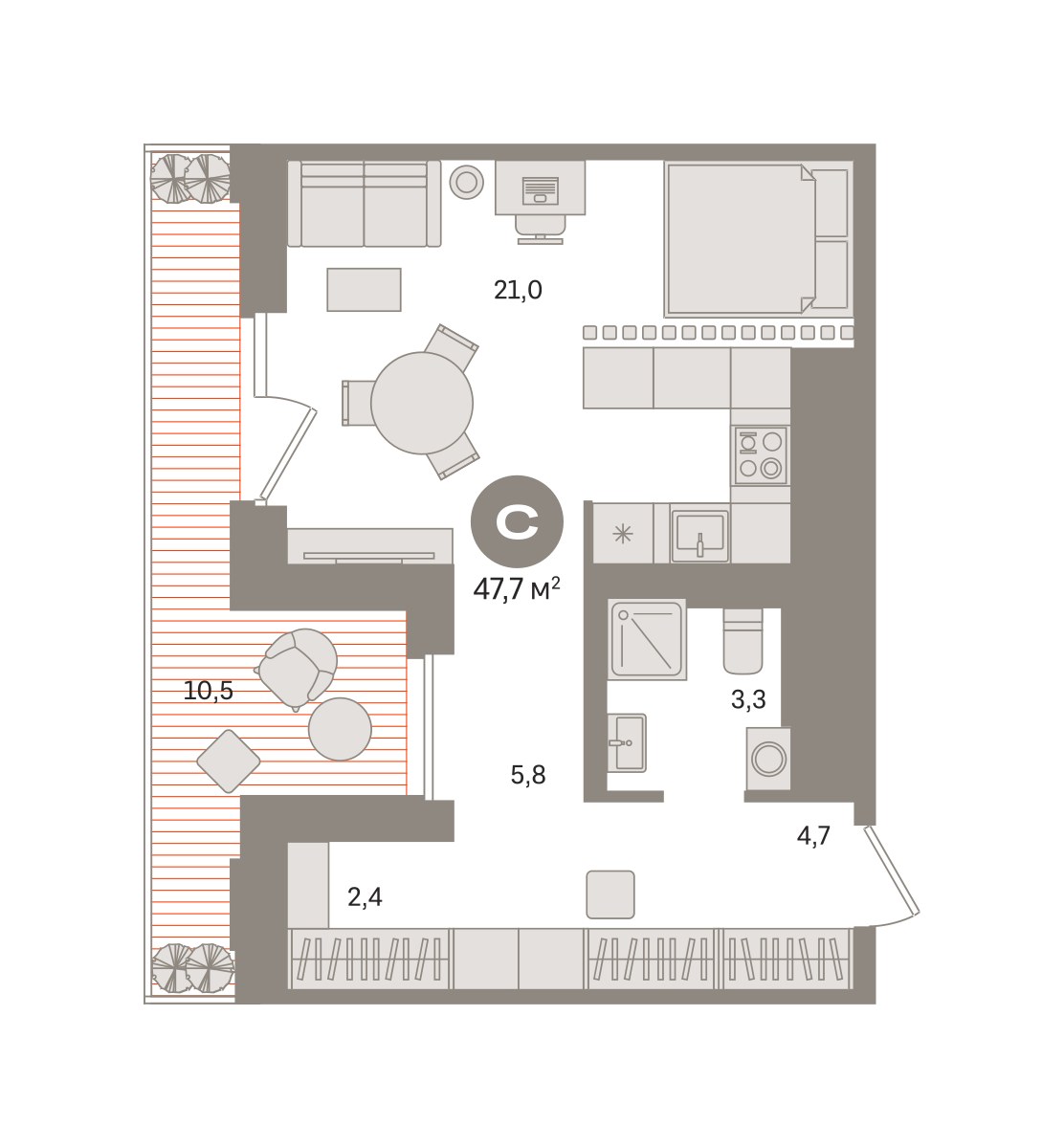 Планировка: Студия, 47.67 м²