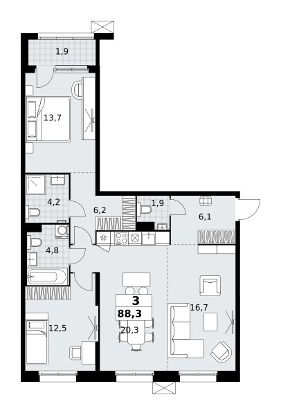 Планировка: 3-комнатная, 88.3 м²