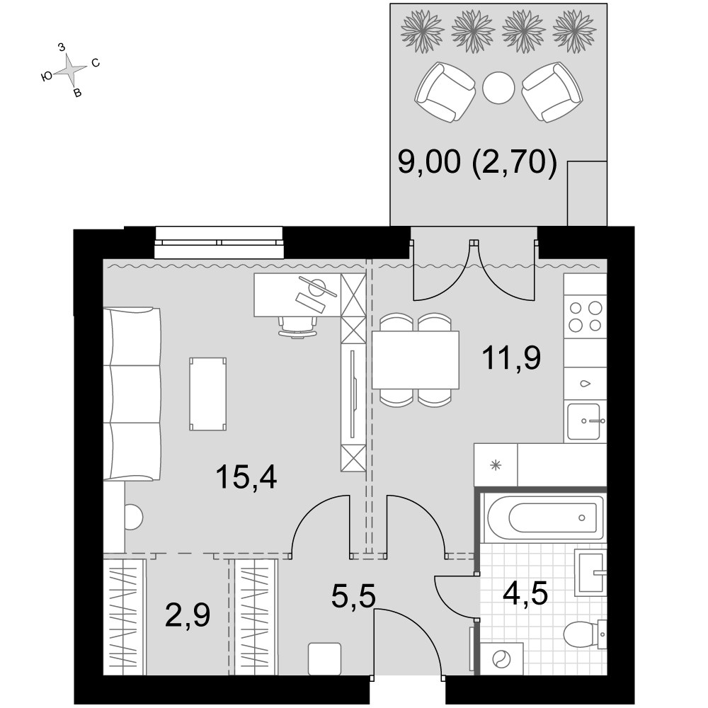 Планировка: 1-комнатная, 42.9 м²