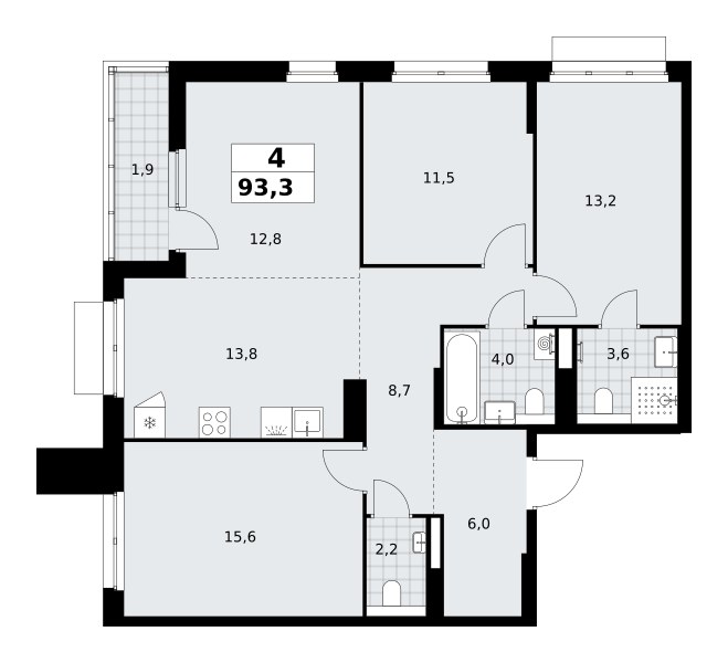 Планировка: 4-комнатная, 93.3 м²