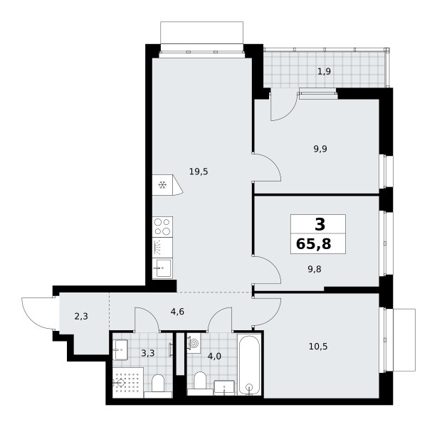 Планировка: 3-комнатная, 65.8 м²